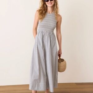 Marine Layer Darcy Poplin Smocked Dress, Navy Stripe, Size S